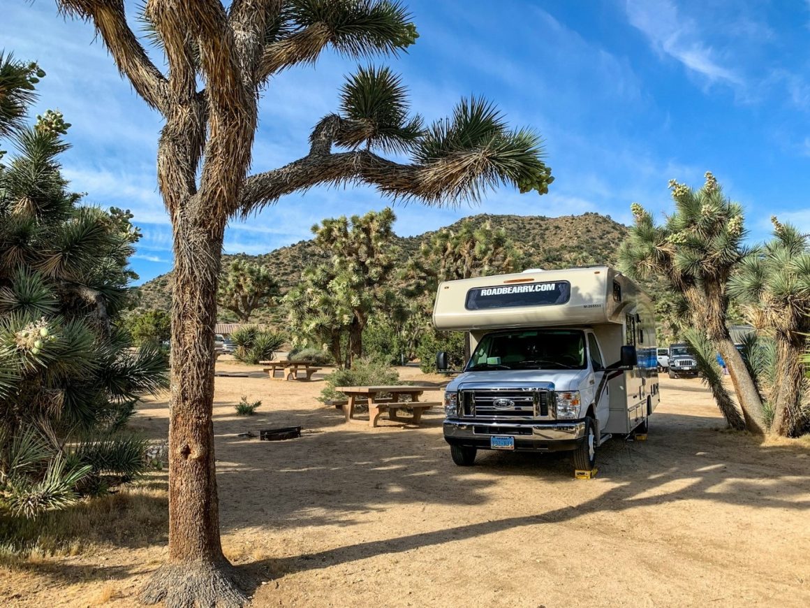 An RV parked in the Yucca Valley, CA, USA.