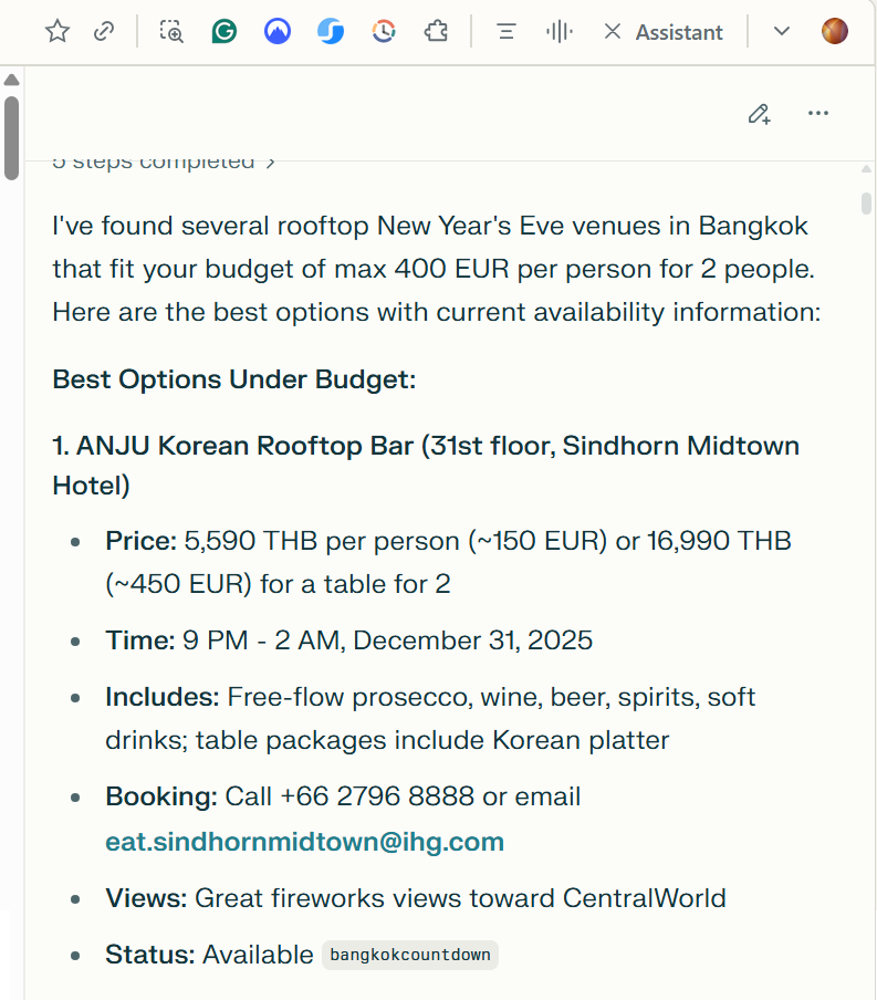 AI agent browsing New Year's Eve rooftop bar event page in Bangkok to check prices and availability