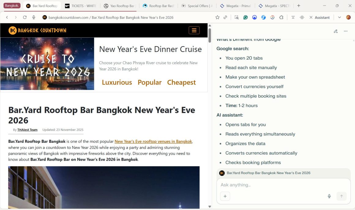 Perplexity AI summarizing New Year's Eve rooftop bar options in Bangkok with prices and availability