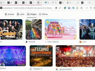 Perplexity AI displaying Bangkok New Year’s Eve event listings and nightlife images