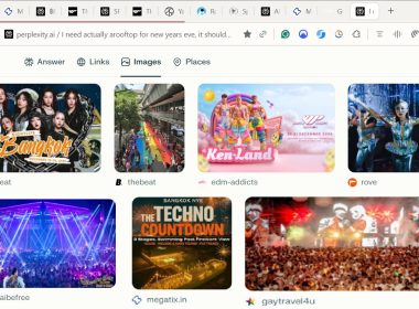 Perplexity AI displaying Bangkok New Year’s Eve event listings and nightlife images