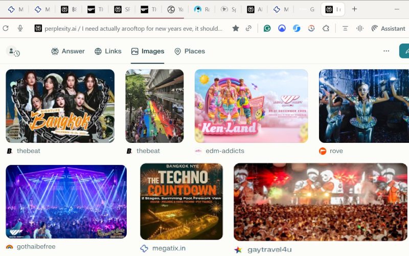 Perplexity AI displaying Bangkok New Year’s Eve event listings and nightlife images
