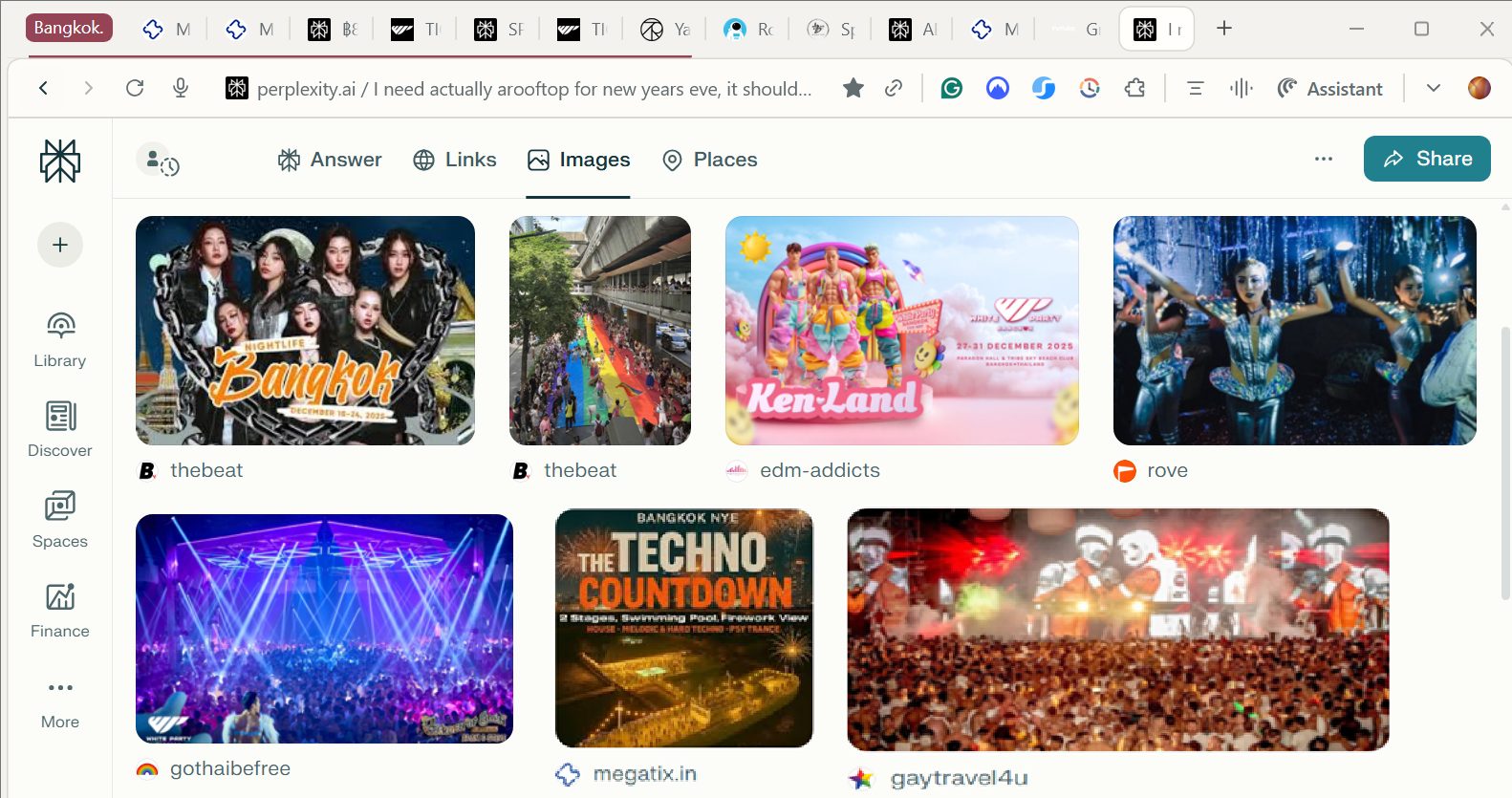 Perplexity AI displaying Bangkok New Year’s Eve event listings and nightlife images