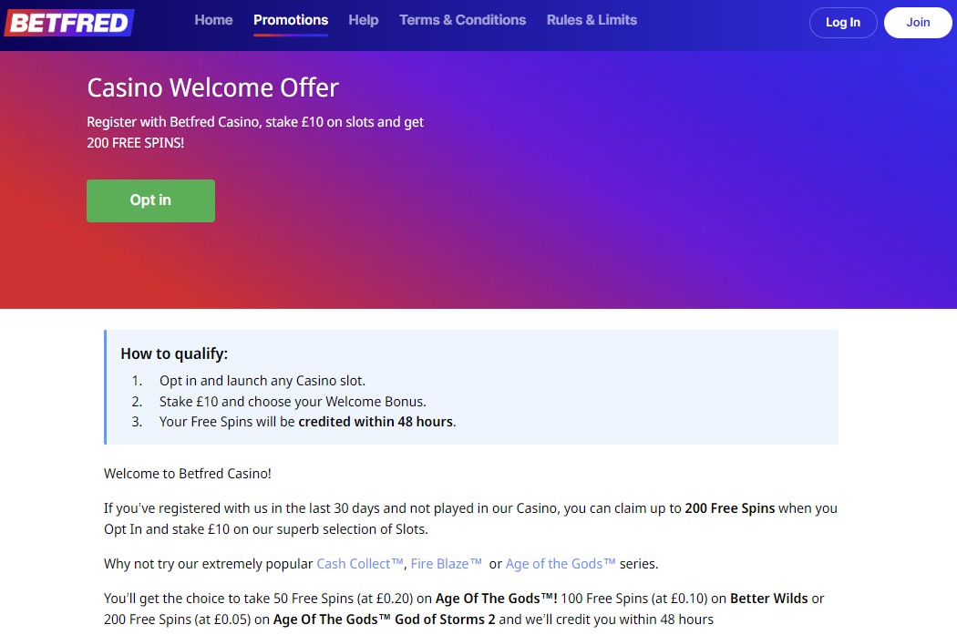 betfred casino promo code terms