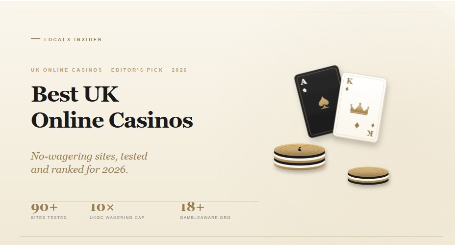 Best UK online casinos 2026 — Locals Insider's ranking of the top UKGC-licensed no-wagering casino sites, tested for bonuses, payouts and live dealer play.