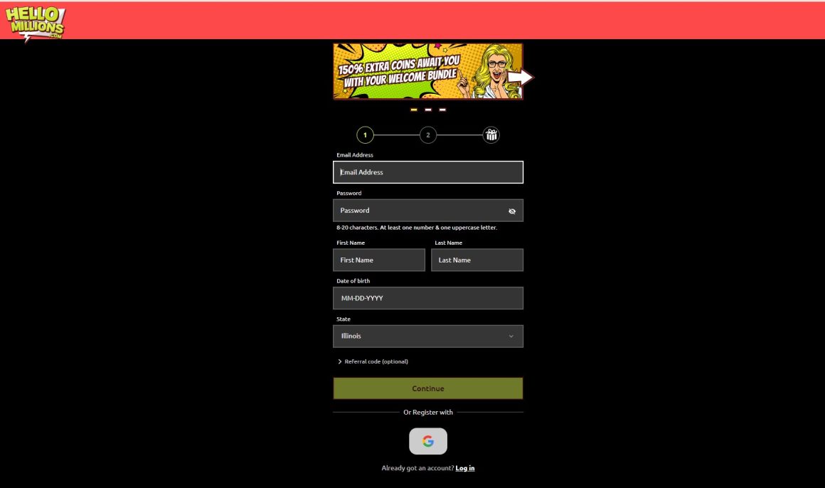 Hello Millions sign up page