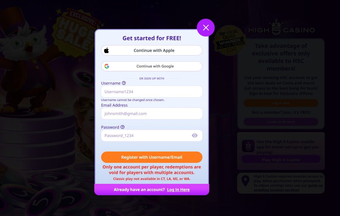 High 5 Casino Sign up for Bonus