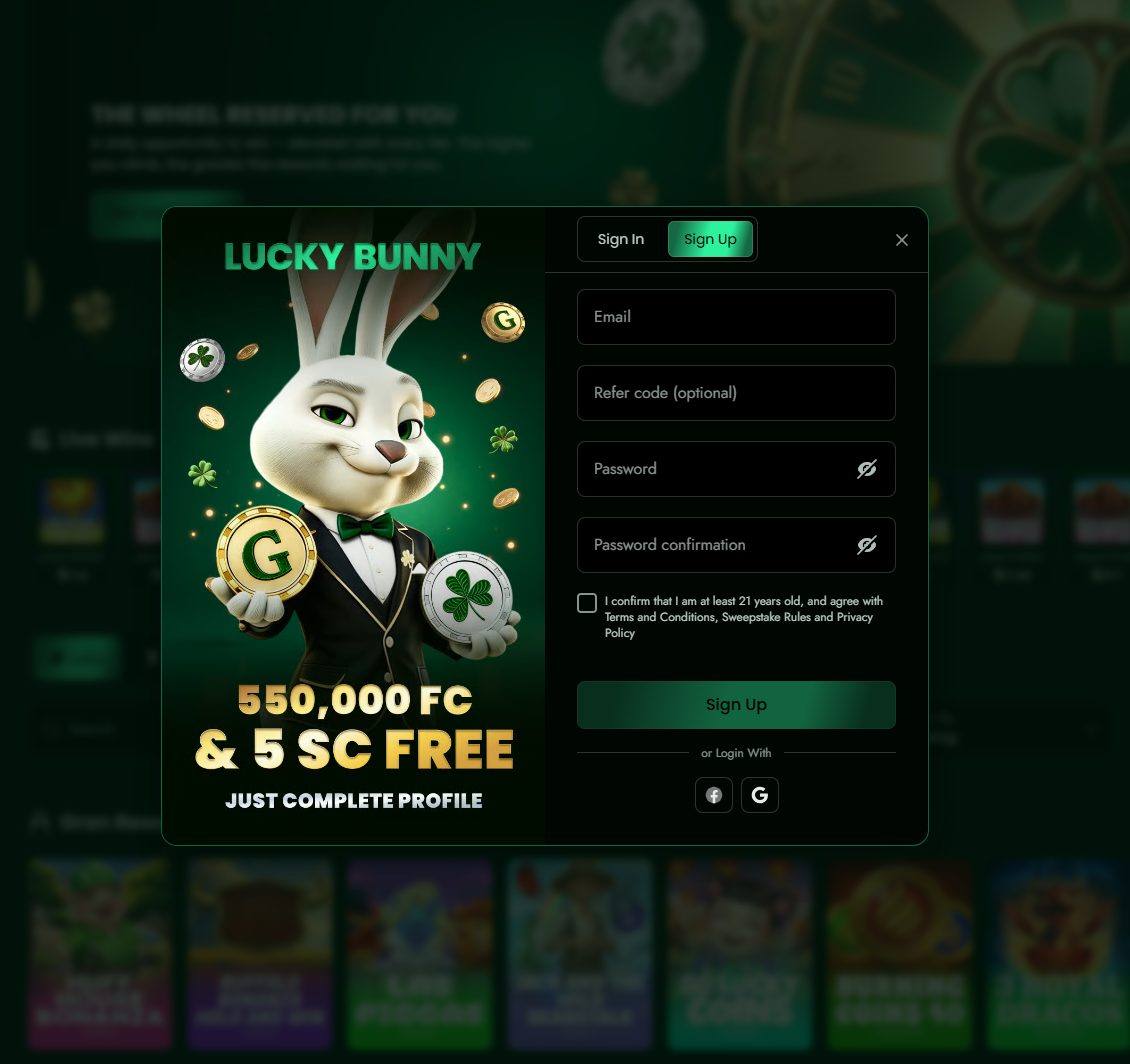 Lucky Bunny Sign up Bonus Page
