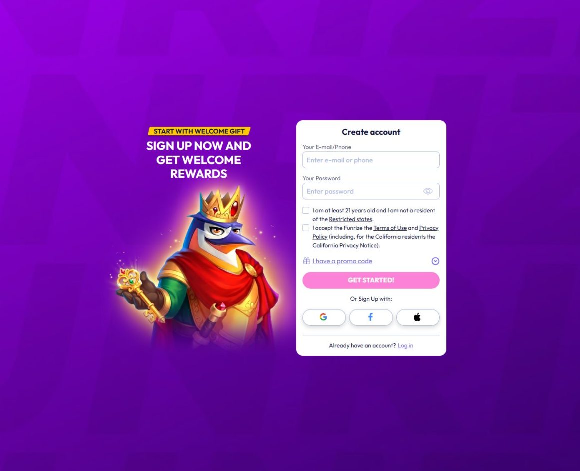 Funrize sign up page