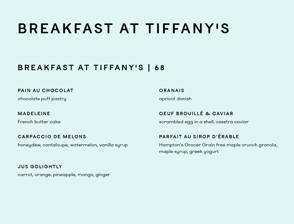 Tiffany Blue Box Café — New York, United States menu