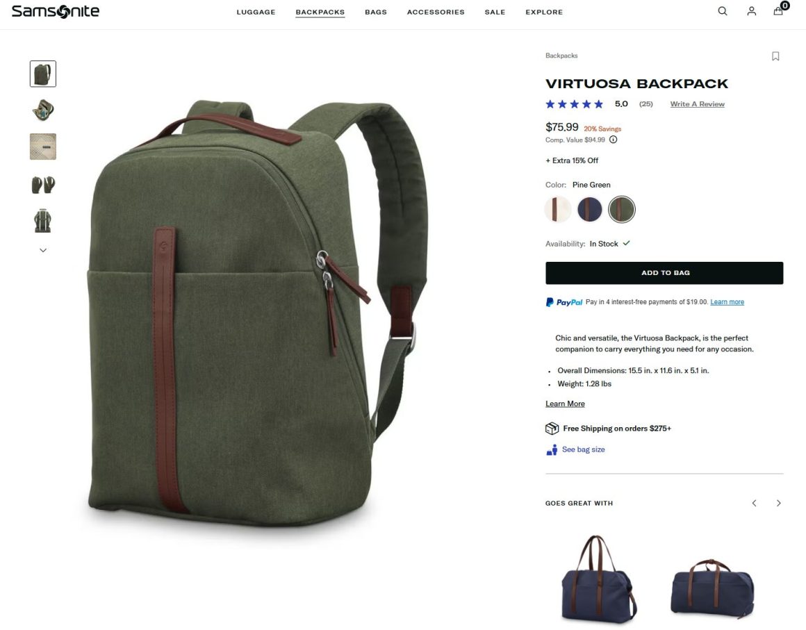 Samsonite's Virtuosa Backpack is an ideal choice for travelers who want a functional backpack that looks good