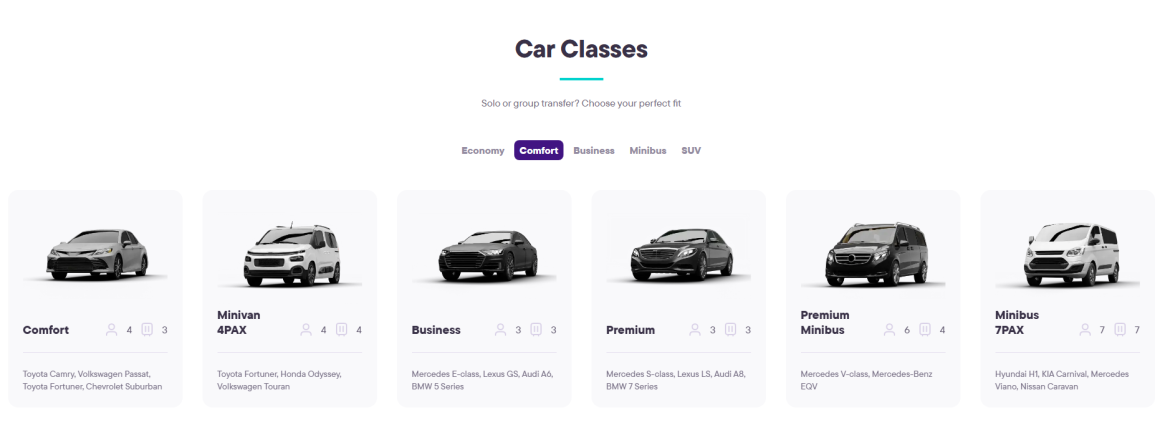 kiwitaxi car types comfort, busines minibus