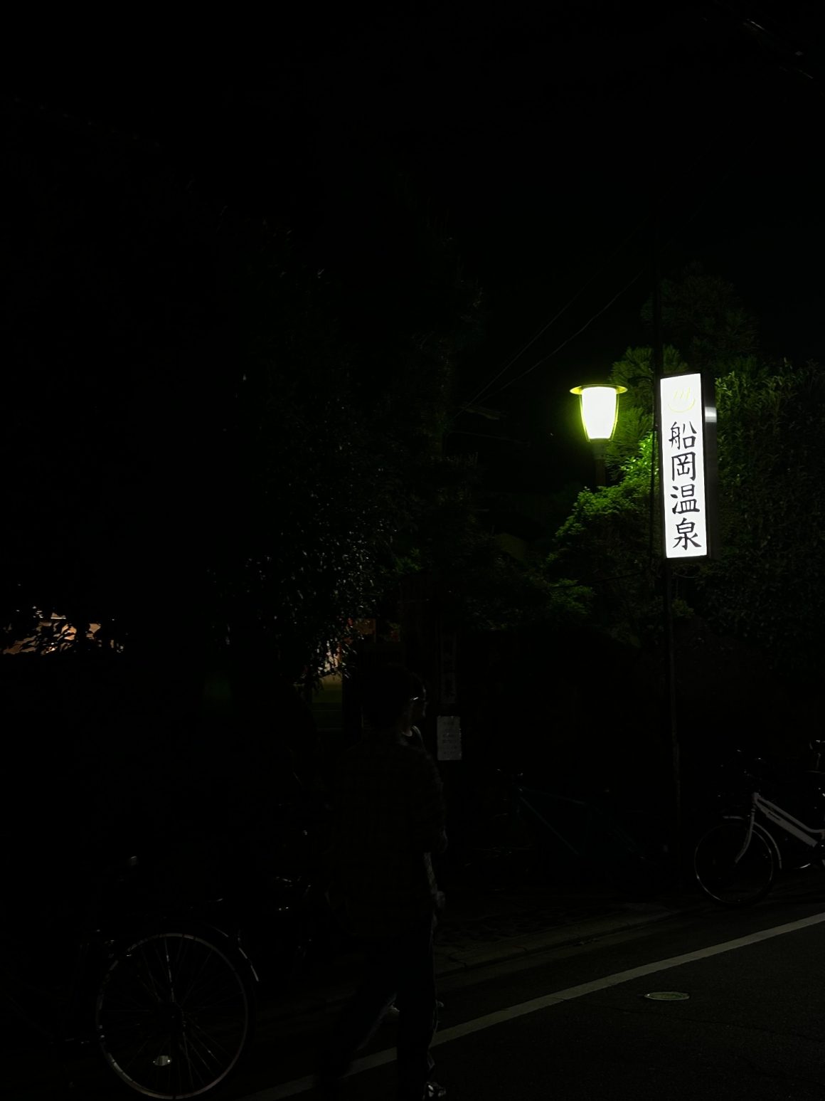 Historic entrance to Funaoka Onsen in Kyoto at night