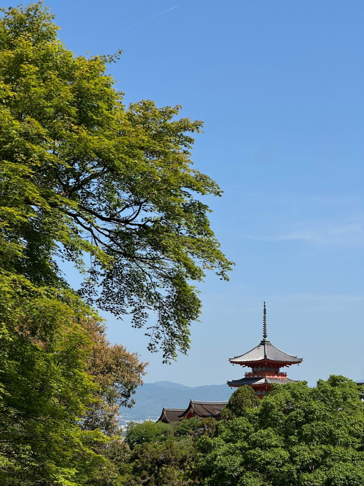 Kiyomizu-dera pagoda overlooking Kyoto surrounded by lush green hills