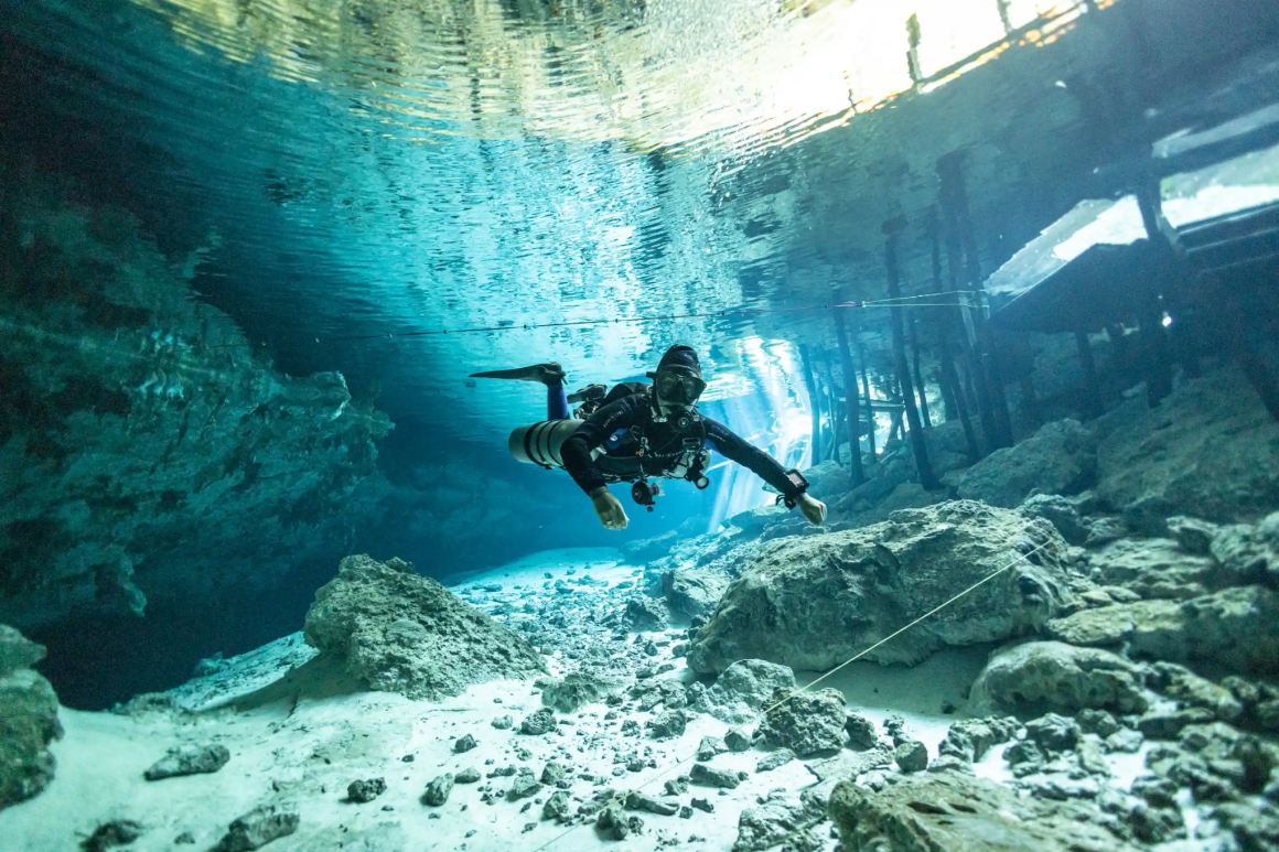 Cenote diving near Tulum reveals a surreal underwater landscape of limestone formations, clear freshwater, and shafts of natural light.