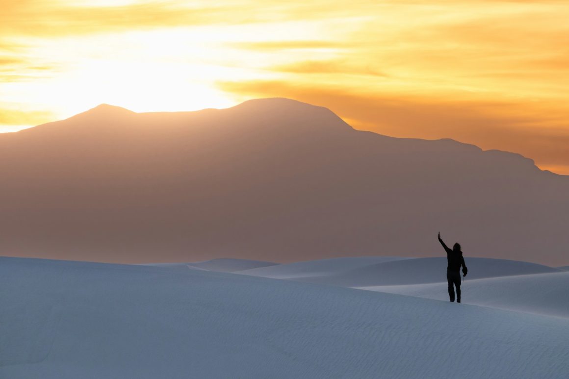 white gypsum dunes at sunset