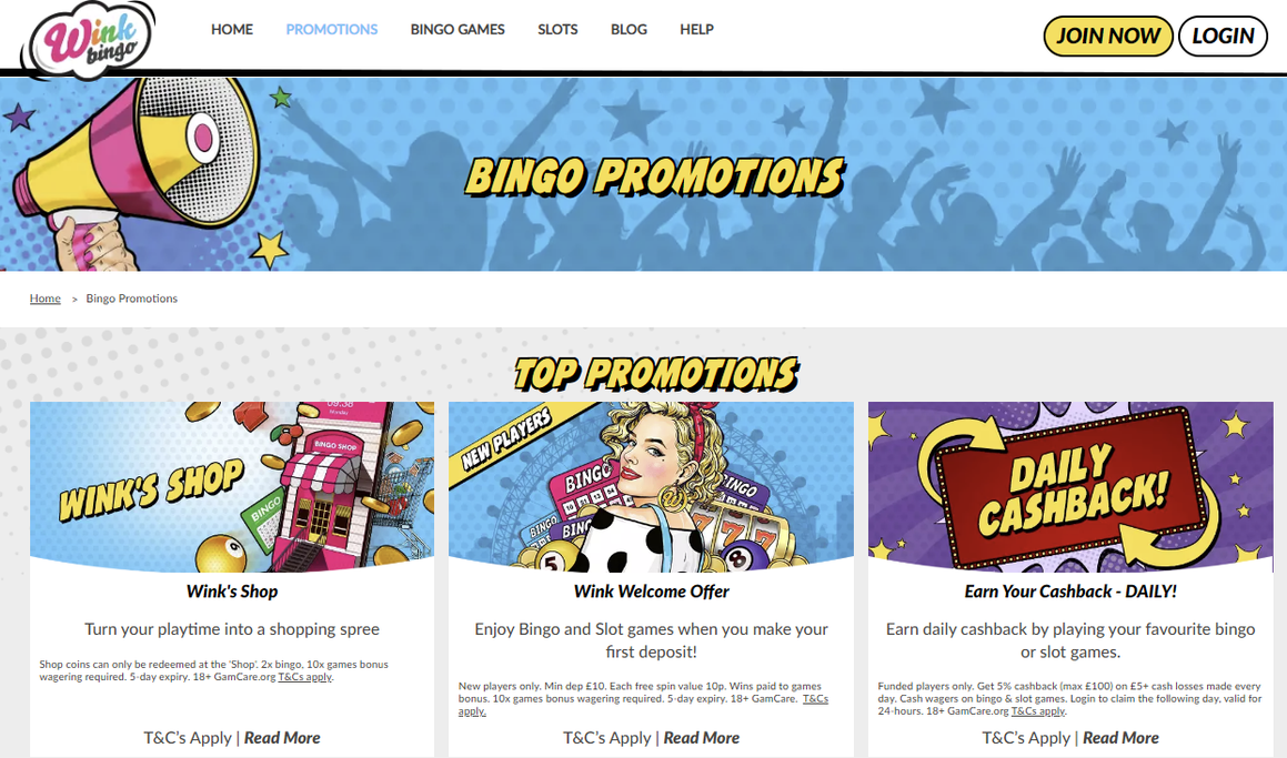 Wink Bingo bonuses and promotions