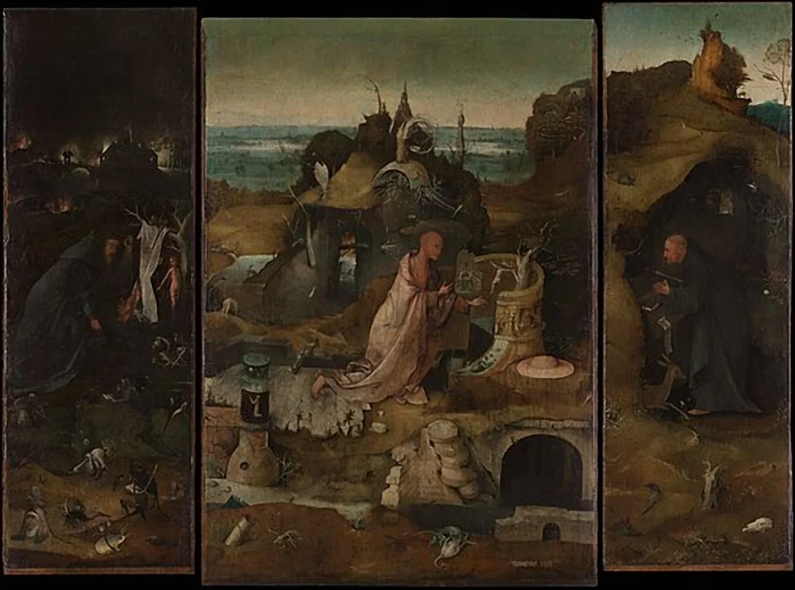 Hieronymus Bosch's Hermit Saints Triptych, with Saint Anthony, Saint Jerome praying among ruins and Saint Giles in a forest cave, at the Gallerie dell'Accademia in Venice