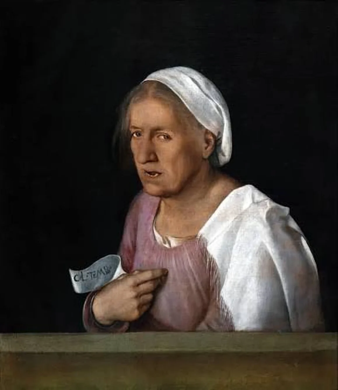 Giorgione's The Old Woman (La Vecchia), an elderly woman in a white headscarf pointing to herself and holding a note reading "Col tempo", at the Gallerie dell'Accademia in Venice