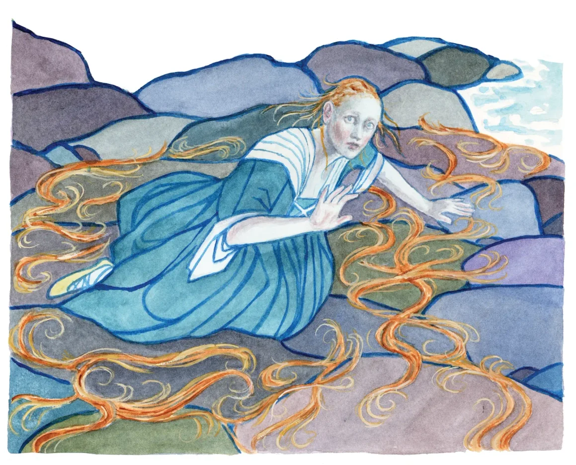 Painting by Heiðrik á Heygum after the Faroese ballad of Ólavur Riddararós: a pale man lies on red and brown patterns as a dark-haired woman leans over him