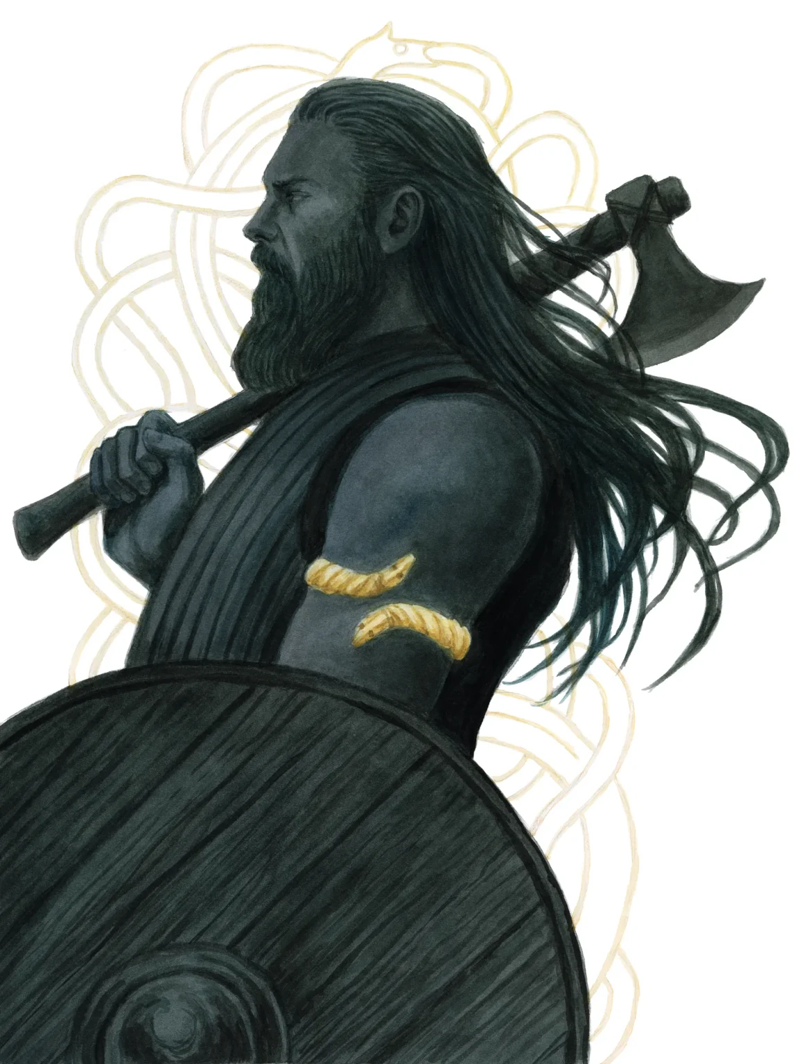 Illustration by Heiðrik á Heygum of a long-haired Viking warrior with an axe on his shoulder, a round shield and a gold arm ring