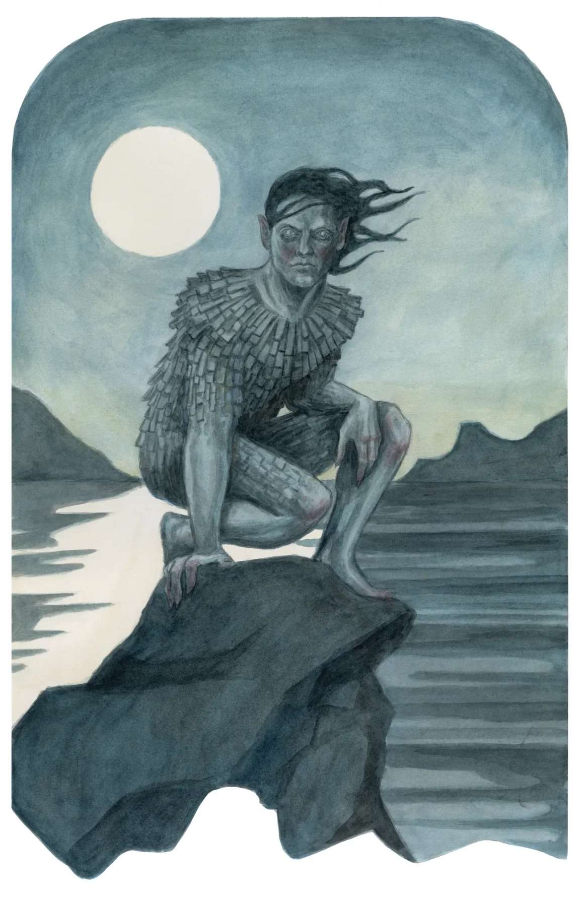 Painting by Heiðrik á Heygum of a hidden man from Faroese folklore crouching on a rock by the sea under a full moon
