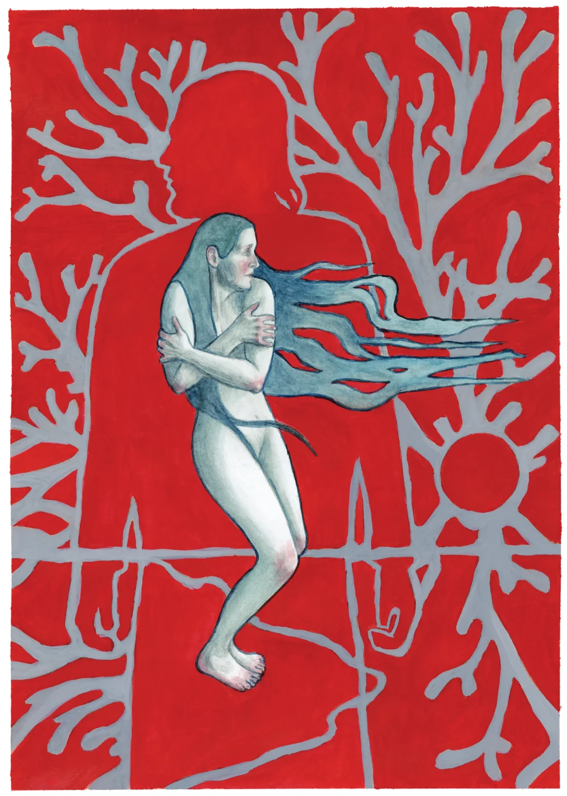 Illustration by Heiðrik á Heygum of a woman with long red hair against a red background, her skirt dissolving into swirling white shells