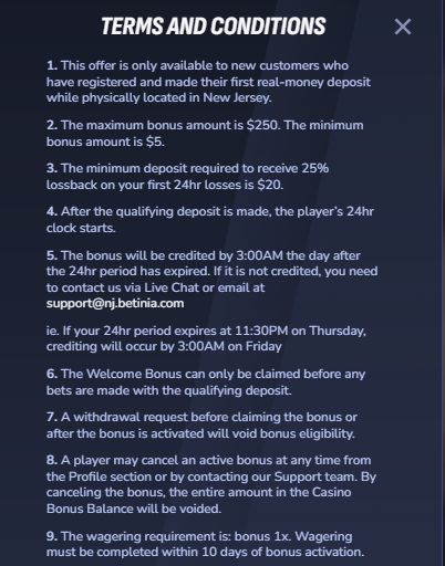 Betinia New Jersey casino promo terms